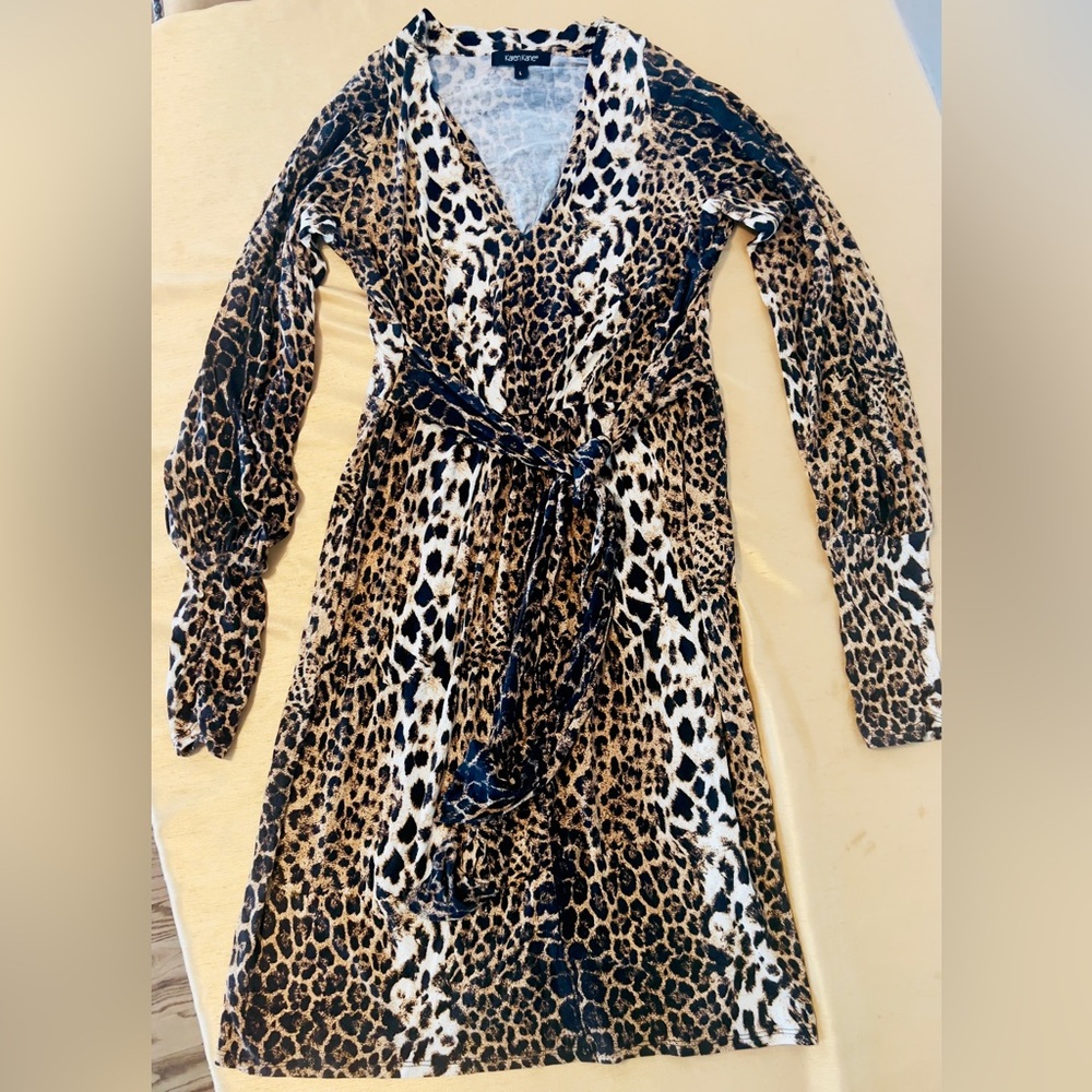 Karen Kane Animal Print V-Neck Tie Waist Dress Sz L